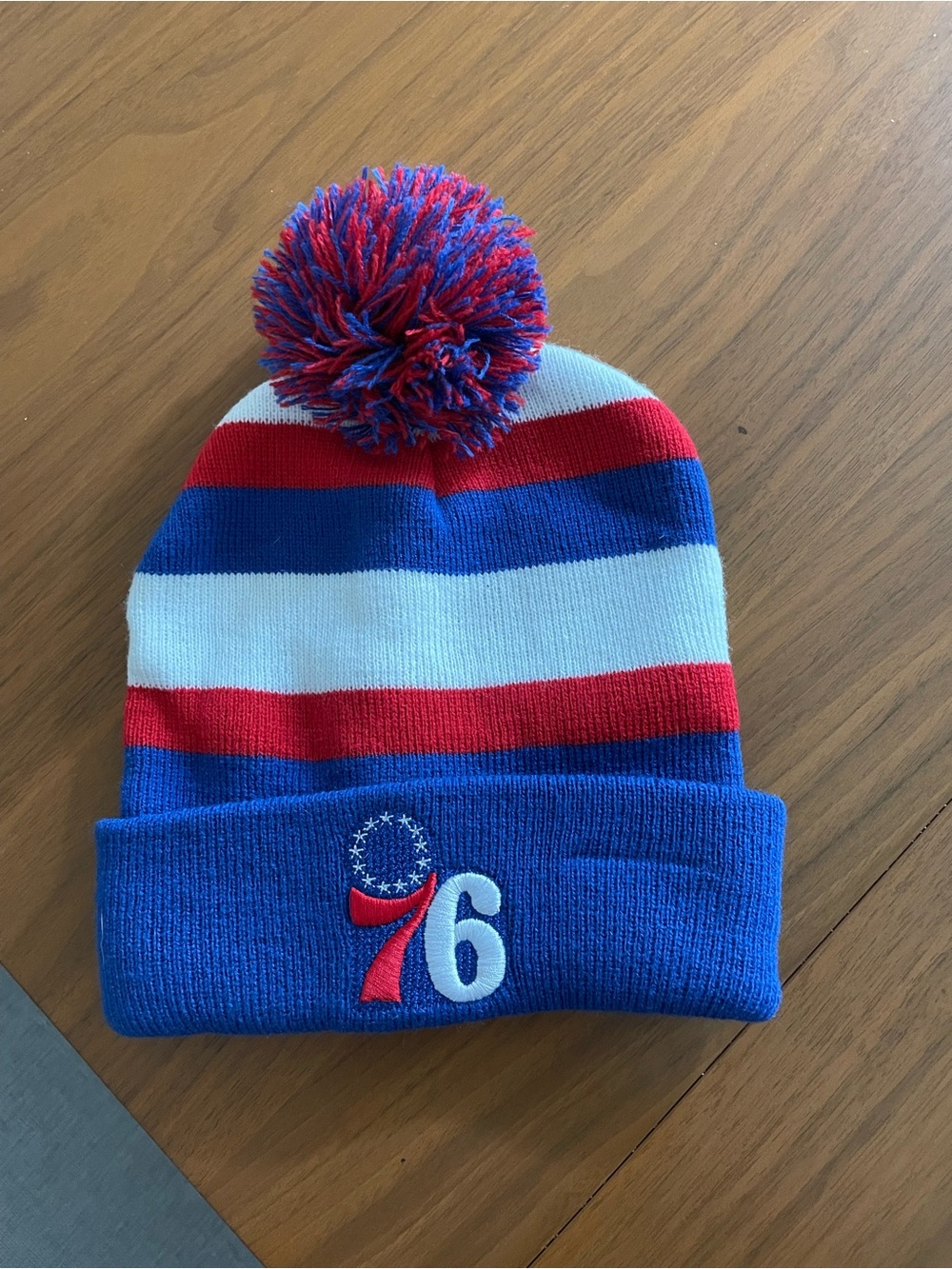 Philadelphia 76ers Pom Beanie Hat in Blue, Red & White